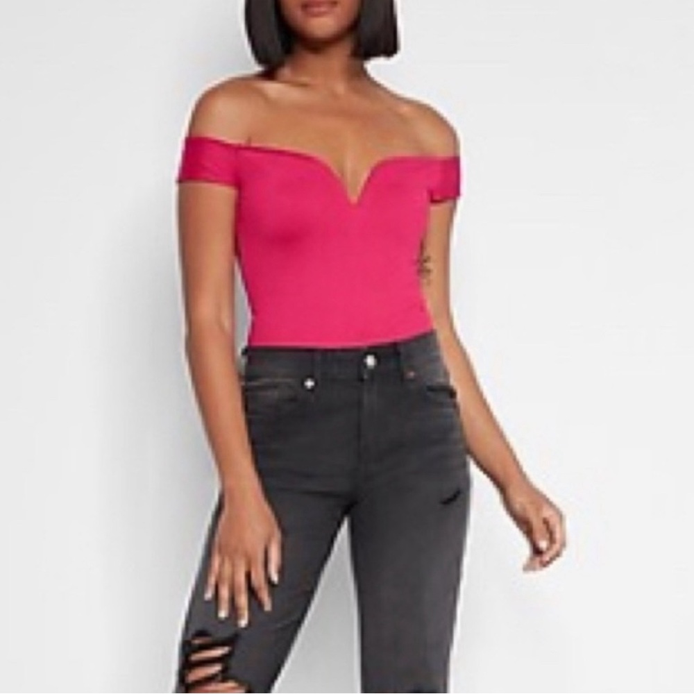 NWT BLACK Sz Med Express Bodycon Ribbed Off-Shoulder bodysuit w/thong 🔥❤️